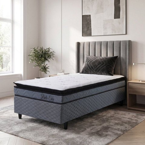 Cama Box Solteiro com Colchão Espuma Punta Cana D33 Cinza Hellen Colchões