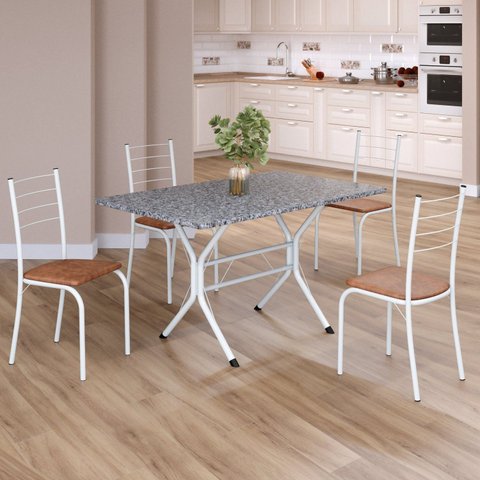 Conjunto Sala de Jantar Mesa Retangular 100x60cm Tampo Granito Ocre 4 Cadeiras Rio Branco/C. Marrom