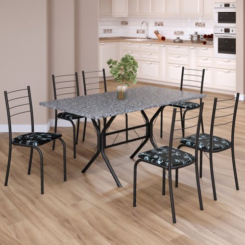 Conjunto Sala de Jantar Mesa Retangular 140x75cm Tampo Granito Ocre 6 Cadeiras Rio