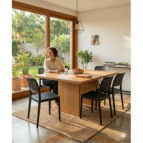 Kit 6 Cadeiras Mônaco Rattan Empilhável Cozinha Sala Jantar - Preto
