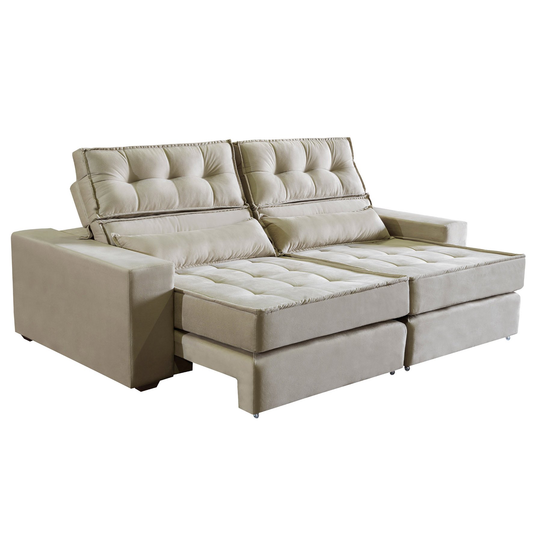 Sofá Luxo 3 Lugares Com Molas Ensacadas Retrátil e Reclinável 2,10m Suede Liso Bege Premium