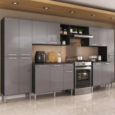 Armário Cozinha Modulada Completa 329,5cm Pequim Top Multimóveis Mp3754 Preto/lacca Fumê