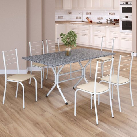 Conjunto Sala de Jantar Mesa Retangular 140x75cm Tampo Granito Ocre 6 Cadeiras Rio Branco/Creme