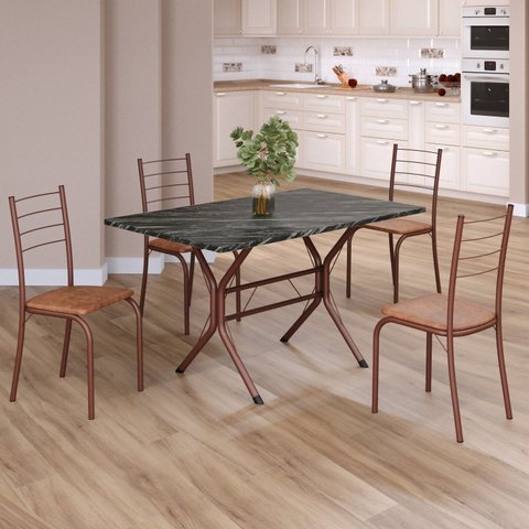 Conjunto Sala de Jantar Mesa Retangular 100x60cm Tampo Ardósia Indiana 4 Cadeiras Rio Marrom/C.