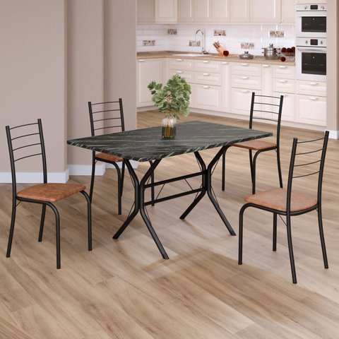 Conjunto Sala de Jantar Mesa Retangular 100x60cm Tampo Ardósia Indiana 4 Cadeiras Rio Preto/C. Marrom/Fosco