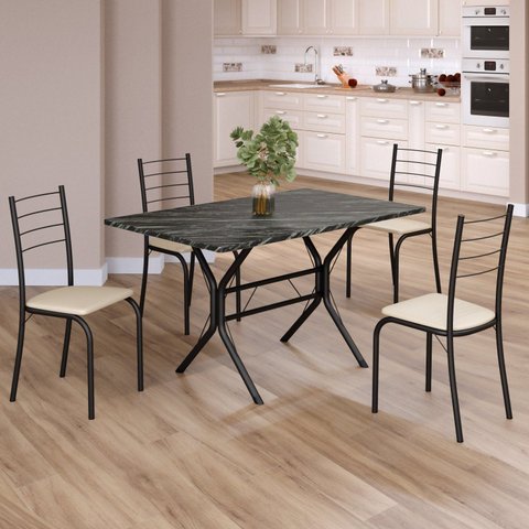 Conjunto Sala de Jantar Mesa Retangular 100x60cm Tampo Ardósia Indiana 4 Cadeiras Rio Preto/Creme/Fosco