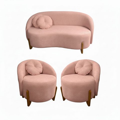 Kit 01 Sofá 2 Lugares + 02 Poltronas Orgânicos c/ Almofadas Curvo Sala Recepção Amsterdã Boucle Rosa
