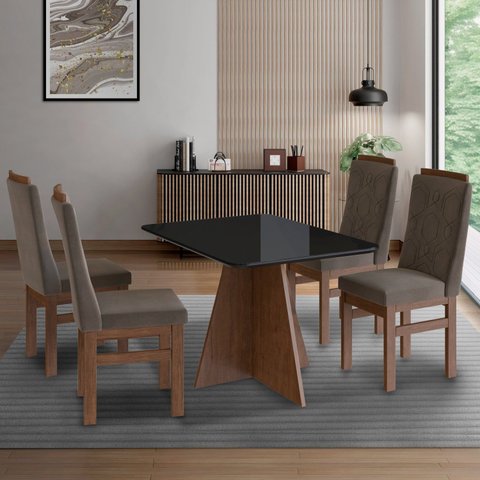 Conjunto Sala de Jantar Mesa 90x120cm T Vidro com 4 Cadeiras Madeira Maciça Tecido Joli Marrom/Tabaco