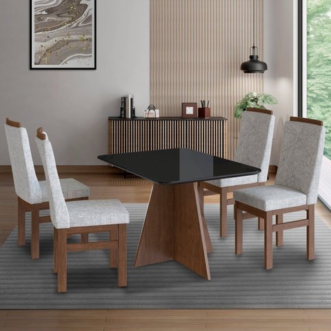 Conjunto Sala de Jantar Mesa 90x120cm T Vidro com 4 Cadeiras Madeira Maciça Tecido Joli Cinza/Tabaco/Preto