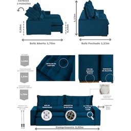 Sofá Modular Ceará 5 Lugares 2.50 MT Retrátil e Reclinável Veludo Sofatec - 3