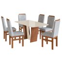 Ver imagem 2 de Conjunto Sala de Jantar Mesa 90x160cm T Vidro com 4 Cadeiras Madeira Maciça Tecido Linho Cinza/Canela/Off White