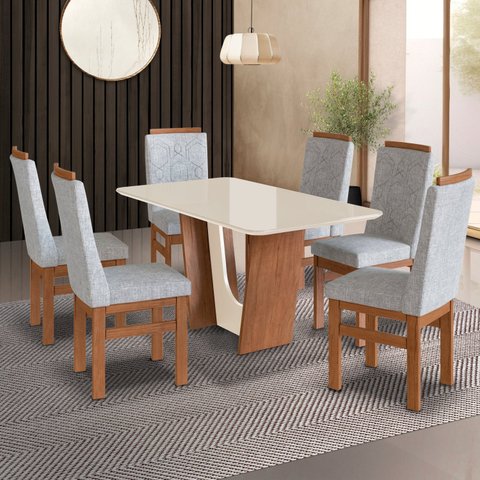 Conjunto Sala de Jantar Mesa 90x160cm T Vidro com 4 Cadeiras Madeira Maciça Tecido Linho