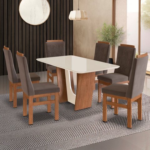 Conjunto Sala de Jantar Mesa 90x160cm T Vidro com 6 Cadeiras Madeira Maciça Tecido Joli Marrom/Canela/Off White