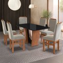 Ver imagem 1 de Conjunto Sala de Jantar Mesa 90x160cm T Vidro com 6 Cadeiras Madeira Maciça Tecido Joli Marrom/Canela/Preto/Creme