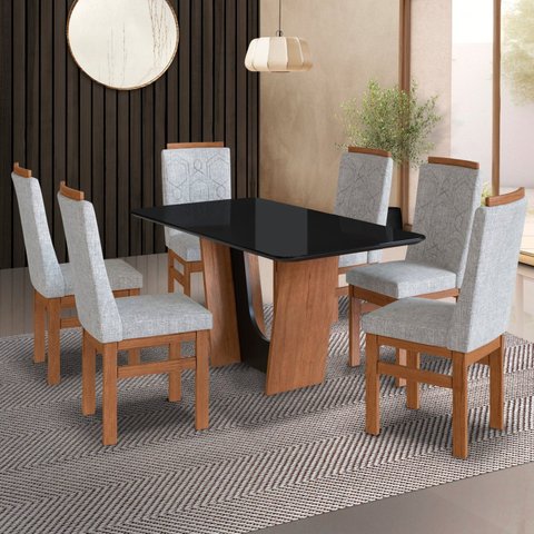 Conjunto Sala de Jantar Mesa 90x160cm T Vidro com 6 Cadeiras Madeira Maciça Tecido Joli Marrom/Canela/Cinza/Preto