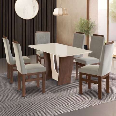 Conjunto Sala de Jantar Mesa 90x160cm T Vidro com 6 Cadeiras Madeira Maciça Tecido Joli