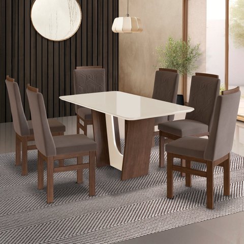 Conjunto Sala de Jantar Mesa 90x160cm T Vidro com 6 Cadeiras Madeira Maciça Tecido Joli