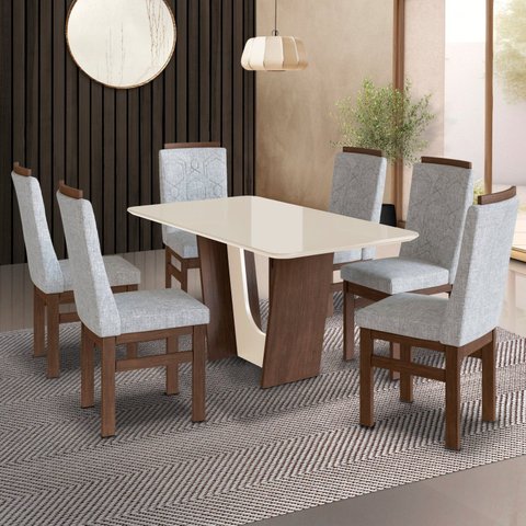 Conjunto Sala de Jantar Mesa 90x160cm T Vidro com 6 Cadeiras Madeira Maciça Tecido Joli Marrom/Tabaco/Off White/Cinza