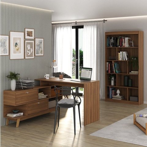 Conjunto com Escrivaninha em L Retrô 136x120cm e Estante para Livros 4 Prateleiras Yescasa Marrom/Nogal