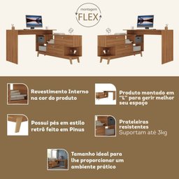 Kit 2 Peças com Escrivaninha em L Retrô 136x120cm e Estante 120cm para Livros 4 Prateleiras - 4