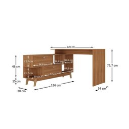 Kit 2 Peças com Escrivaninha em L Retrô 136x120cm e Estante 120cm para Livros 4 Prateleiras - 3