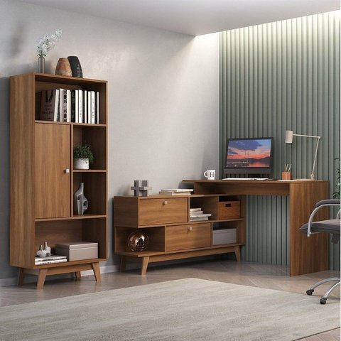 Conjunto de Escritório Escrivaninha em L 120x136cm 2 Portas e Estante 1 Porta Retrô Yescasa Marrom/Nogal
