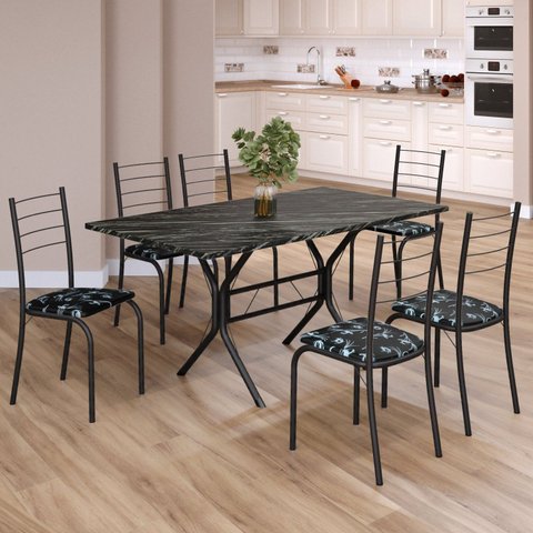 Conjunto Sala de Jantar Mesa Retangular 140x75cm Tampo Ardósia Indiana 6 Cadeiras Rio Preto/Floral/Fosco