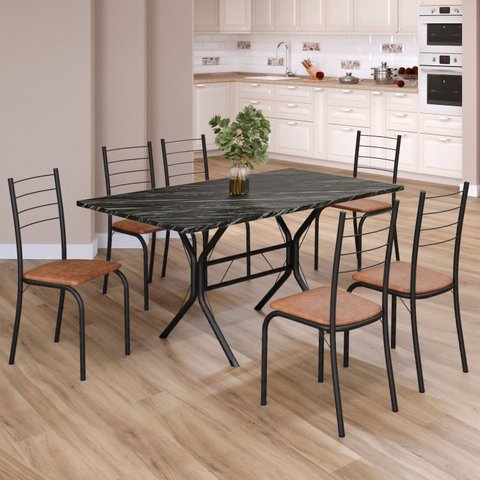 Conjunto Sala de Jantar Mesa Retangular 140x75cm Tampo Ardósia Indiana 6 Cadeiras Rio Preto/C. Marrom/Fosco