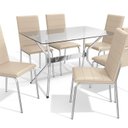 Ver imagem 3 de Conjunto para Sala de Jantar 1 Mesa Loire Tampo de Vidro Retangular 6 Cadeiras Amsterdã Bege/Cromado/Nude