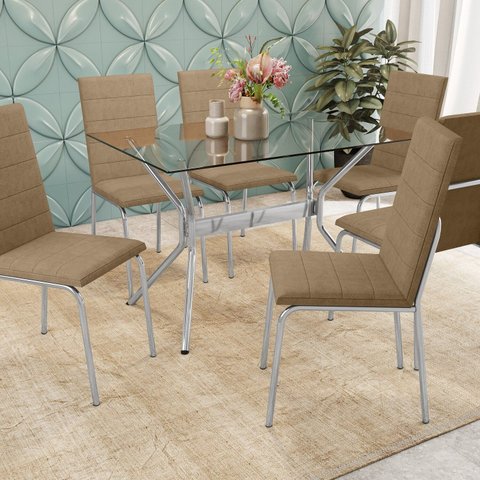 Conjunto para Sala de Jantar 1 Mesa Loire Tampo de Vidro Retangular 6 Cadeiras Amsterdã Marrom/Cromado/Capuccino