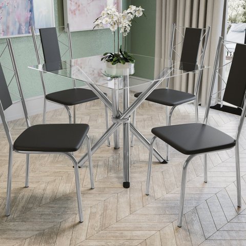 Conjunto Mesa Volga Tampo de Vidro e 4 Cadeiras Lisboa Preto/Cromado