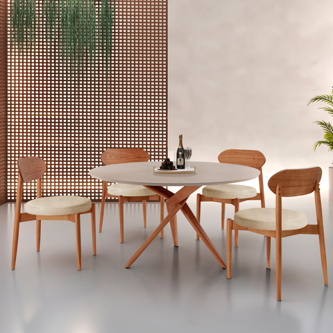 Conjunto Sala de Jantar Mesa 135cm Tampo Redondo Texturizado e 4 Cadeiras Hope Marrom/Off White/Imbu
