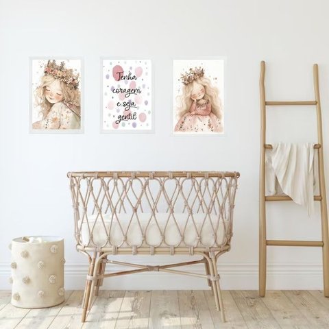 Kit 3 Quadros Infantis Princesa - Tenha Coragem Seja Gentil 45x34cm - com Vidro:moldura Branca