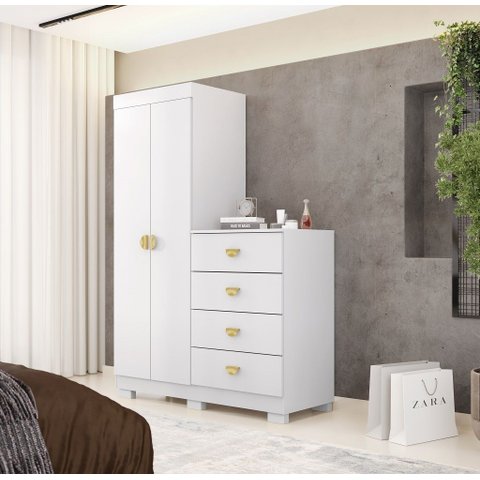 Roupeiro Cômoda 4 Gavetas 2 Portas Cristal - Branco/ Camarim Flex Vila Rica