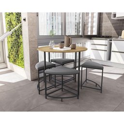 Mesa de Jantar Tampo MDP Redondo 4 Bancos Estofados - 1