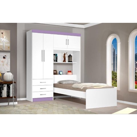 Roupeiro Can com Cama Baú Solteiro 1.57m 4 Portas e 3 Gavetas Amplo Espaço Interno Cor Branco/lilás