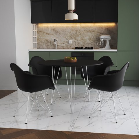 Mesa Jantar Redonda 90cm Preta Clips 3 Pés com 4 Poltronas Eiffel Eames Daw Pretas Ferro Branco