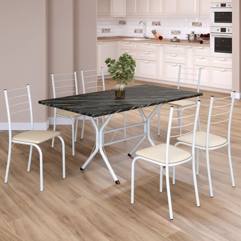 Conjunto Sala de Jantar Mesa Retangular 140x75cm Tampo Ardósia Indiana 6 Cadeiras Rio Branco/Creme