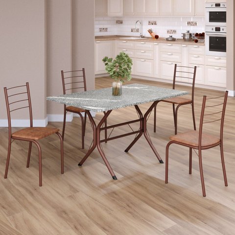 Conjunto Sala de Jantar Mesa Retangular 100x60cm Tampo Granito Topázio 4 Cadeiras Rio Marrom/C.