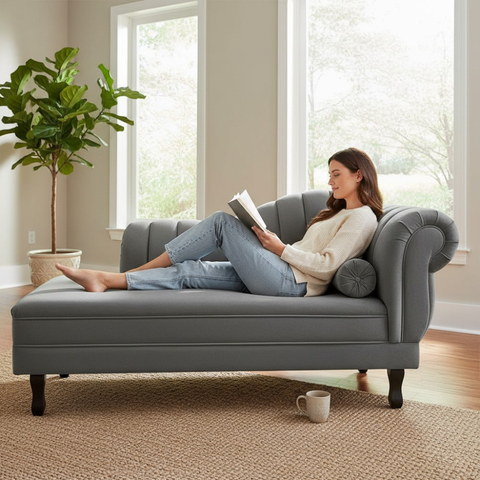 Recamier Decorativo Divã Amsterdã 147cm Lado Esquerdo Couro Cinza