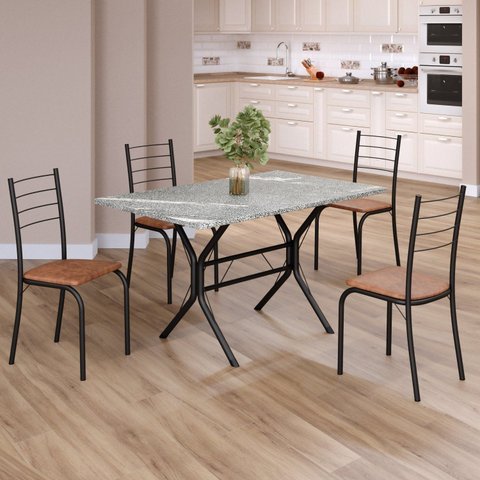 Conjunto Sala de Jantar Mesa Retangular 100x60cm Tampo Granito Topázio 4 Cadeiras Rio Preto/C. Marrom/Fosco