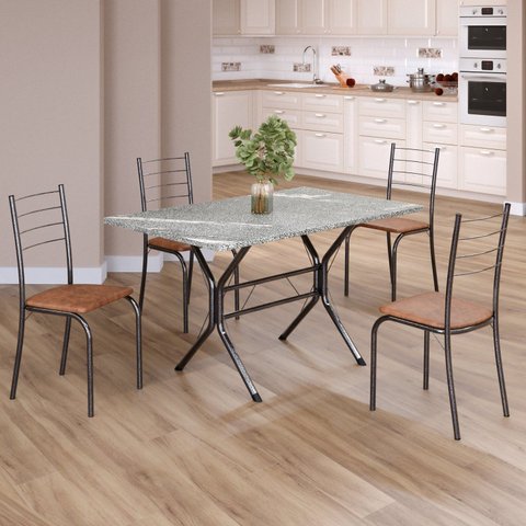 Conjunto Sala de Jantar Mesa Retangular 100x60cm Tampo Granito Topázio 4 Cadeiras Rio Prata/C. Marrom/Mart