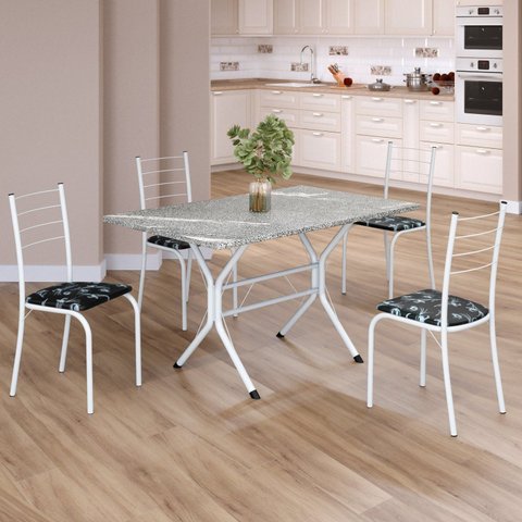 Conjunto Sala de Jantar Mesa Retangular 100x60cm Tampo Granito Topázio 4 Cadeiras Rio Branco/Preto Floral