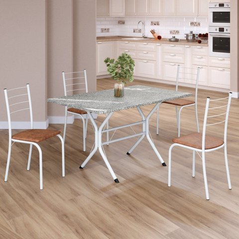 Conjunto Sala de Jantar Mesa Retangular 100x60cm Tampo Granito Topázio 4 Cadeiras Rio Branco/C. Marrom