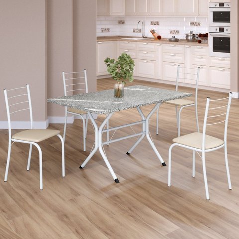Conjunto Sala de Jantar Mesa Retangular 100x60cm Tampo Granito Topázio 4 Cadeiras Rio Branco/Creme