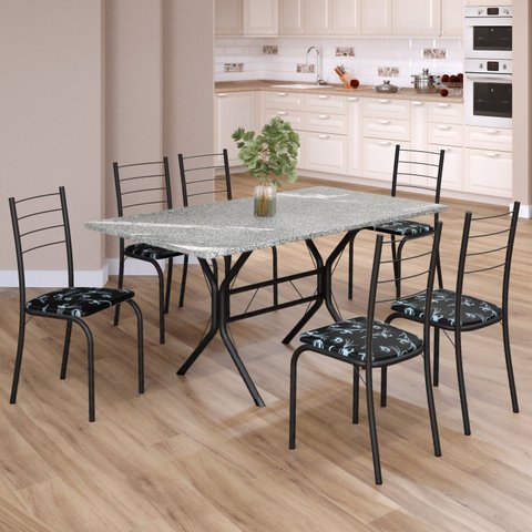 Conjunto Sala de Jantar Mesa Retangular 140x75cm Tampo Granito Topázio 6 Cadeiras Rio Preto/Floral/Fosco
