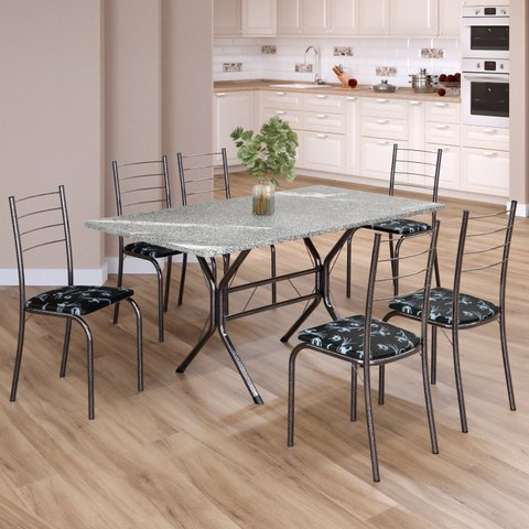 Conjunto Sala de Jantar Mesa Retangular 140x75cm Tampo Granito Topázio 6 Cadeiras Rio