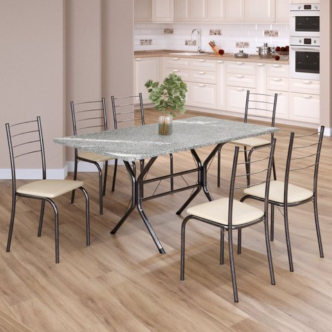 Conjunto Sala de Jantar Mesa Retangular 140x75cm Tampo Granito Topázio 6 Cadeiras Rio Prata/Creme/Mart