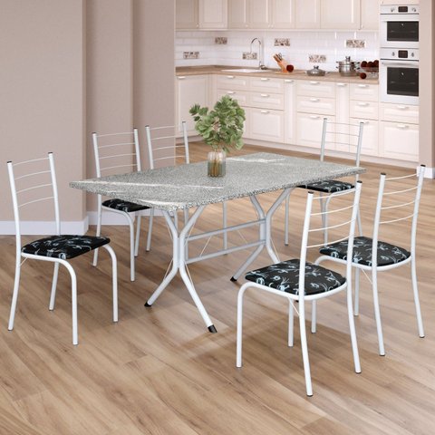 Conjunto Sala de Jantar Mesa Retangular 140x75cm Tampo Granito Topázio 6 Cadeiras Rio Branco/Preto Floral