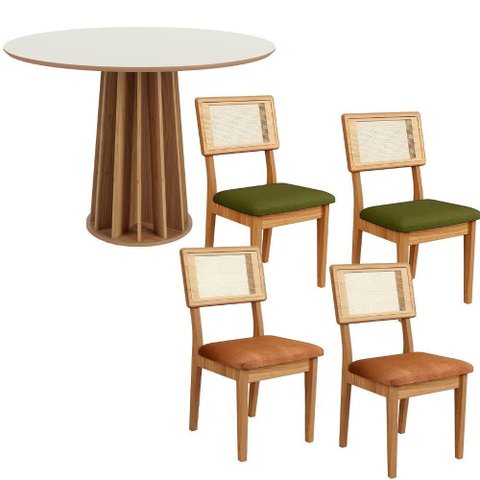 Conjunto de Jantar Mesa Redonda Mdf + 4 Cadeiras Tela Palha Cor:freijó com Off White Verde e